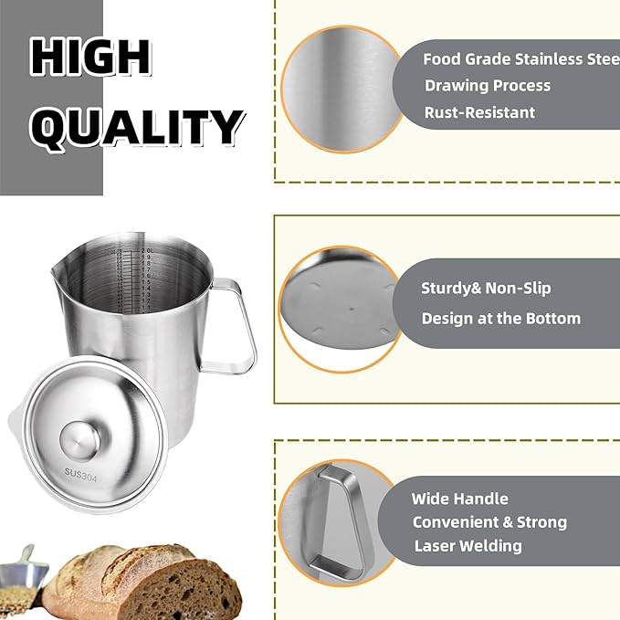 70 oz Stainless Steel Pitcher with Lid and Handle – Large Metal Measuring Cup with Markings, 2 Liter Water Jug for Frothing Milk, Latte Art, Coffee, Iced Tea, Espresso, Hot or Cold Liquids