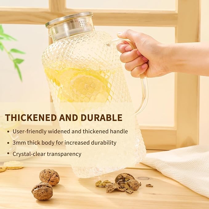 Glass Pitcher, 3.5L/118 oz Glass Water Pitcher with Lid and Spout, Heat/Cold Resistant Borosilicate Glass Water Carafe for Coffee, Juice and Homemade Beverage