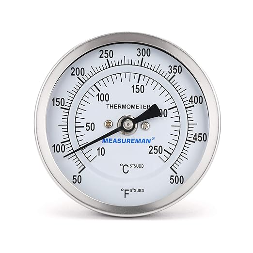 Measureman Fully Stainless Steel Bimetal Dial Thermometer, 3" Dial, 2-1/2" Stem, 50-550 deg F/10-260 deg C, -1% Accuracy, Adjustable, 1/2" NPT Back Mount