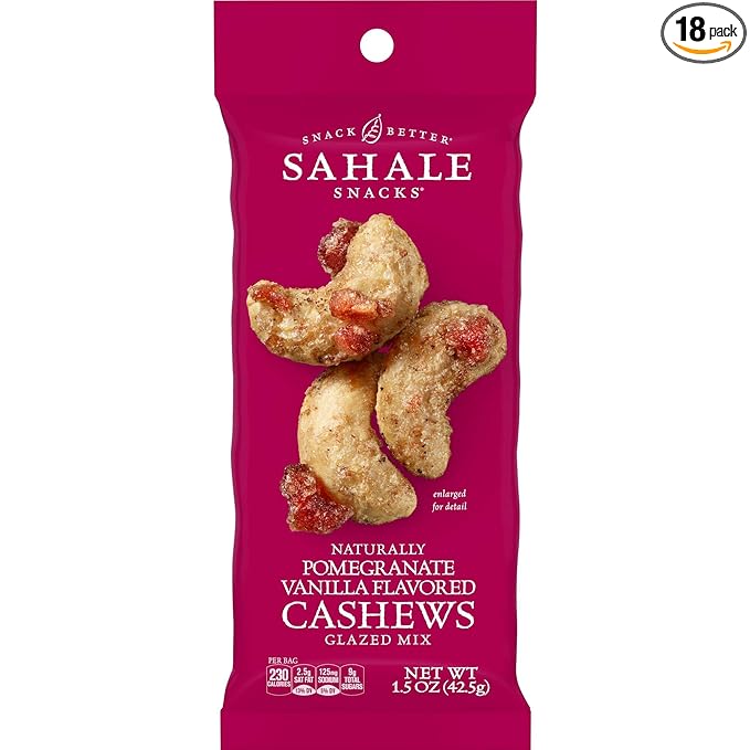 Sahale Snacks Pomegranate Vanilla Cashews, 1.5 oz Bags (18 Packs) - Dry-Roasted Deluxe Mixed Nuts with Pomegranate Infused Apples & Madagascar Vanilla - Non-GMO, Kosher, & Certified Gluten-Free Snacks