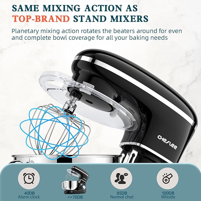 CHeflee Stand Mixer,660W 6+P With 6.5QT Stainless Steel Bowl,Dough Hook, Wire Whip & Beater,for Most Home Cooks,Black