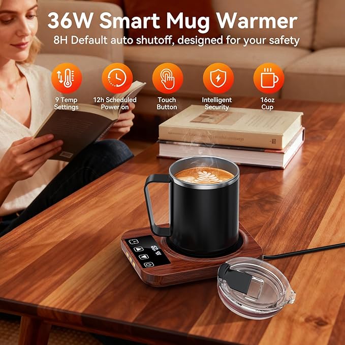 Coffee Mug Warmer & Mug Set for Desk, 36W Electric Coffee Cup Warmer with 16oz Cup, 9 Temp Settings, 1-12H Timer Auto Shut Off Heated Mug Plate, Home Office Desk Accessory, Gifts for Women Men, Wood