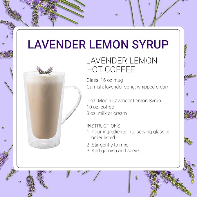 Monin - Lavender Lemon Syrup, Soothing Lavender & Citrus Flavored Syrup, Coffee Syrup, Natural Flavor Drink Mix, Simple Syrup for Coffee, Cocktails, Soda, & More, Gluten-Free, Clean Label (750 ml)