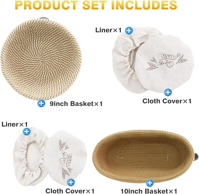 Banneton Bread Proofing Basket Set of 2, 9 10 11 inches Round & Oval Cotton Rope Sourdough Bread Baking Supplies Proofing Bowls with Liners & Covers Gifts for Bakers Women Wife Mom