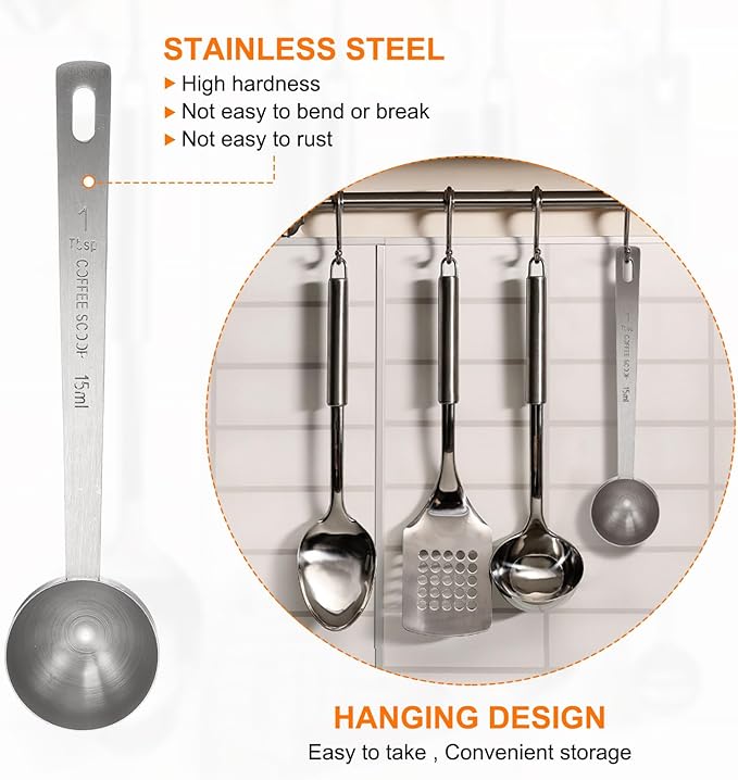 HARFINGTON Coffee Scoop Spoon 1tbsp (3tsp, 15ml) 304 Stainless Steel Long Handle Teaspoon/Tablespoon Measuring Spoons Scoops for Tea Sugar Kitchen, Silver