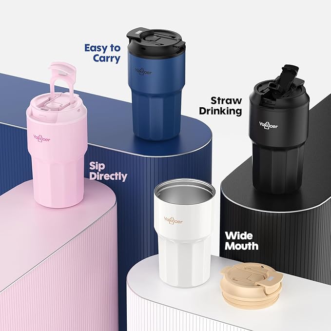 16 oz Coffee Insulated Tumbler with Lid and Flip Straw, Leak-Proof Food Grade 304 Stainless Steel Travel Coffee Mug, Double Wall Vacuum Cup for Hot and Cold Drinks (Pink)