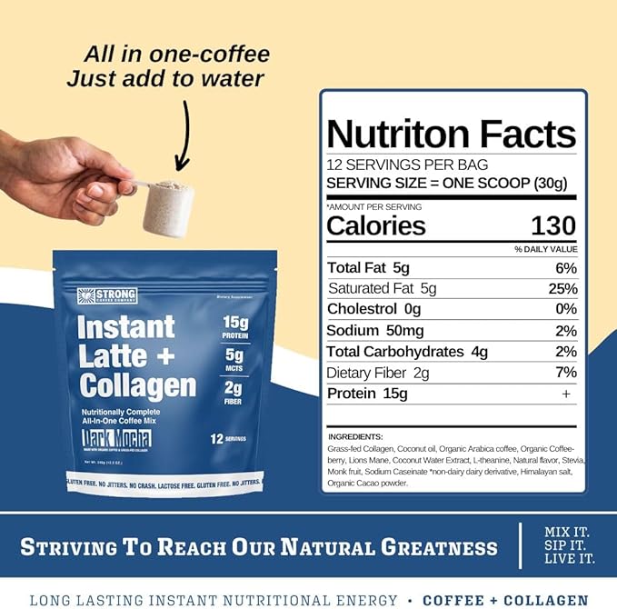 STRONG COFFEE COMPANY Instant Cacao Latte - 15g Protein, Instant Protein Coffee with Collagen, Adaptogens & Nootropics, No Crash, No Jitters, 12 Servings Bag