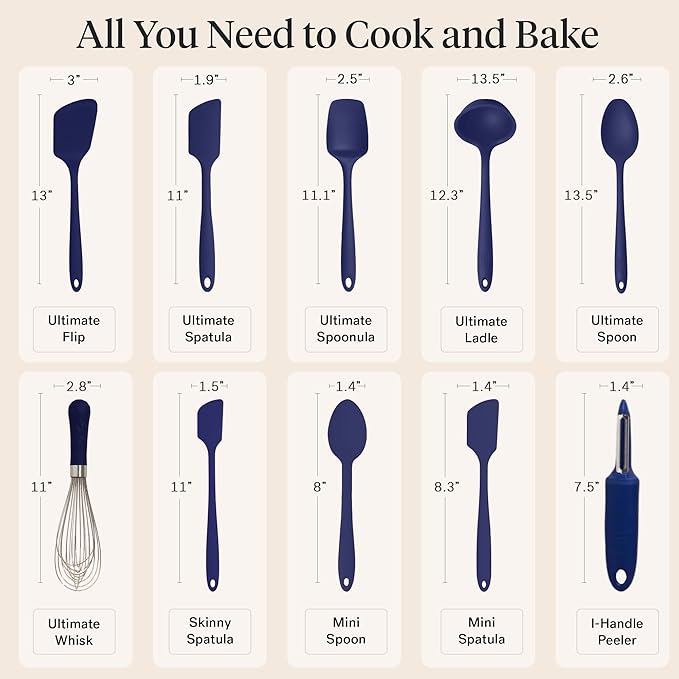 GIR: Get It Right Spatula Set - 10-Piece Silicone, Navy - Heat-Resistant Spatulas for Kitchen Use & Silicone Cooking Spoons - Dishwasher-Friendly Kitchen Utensils
