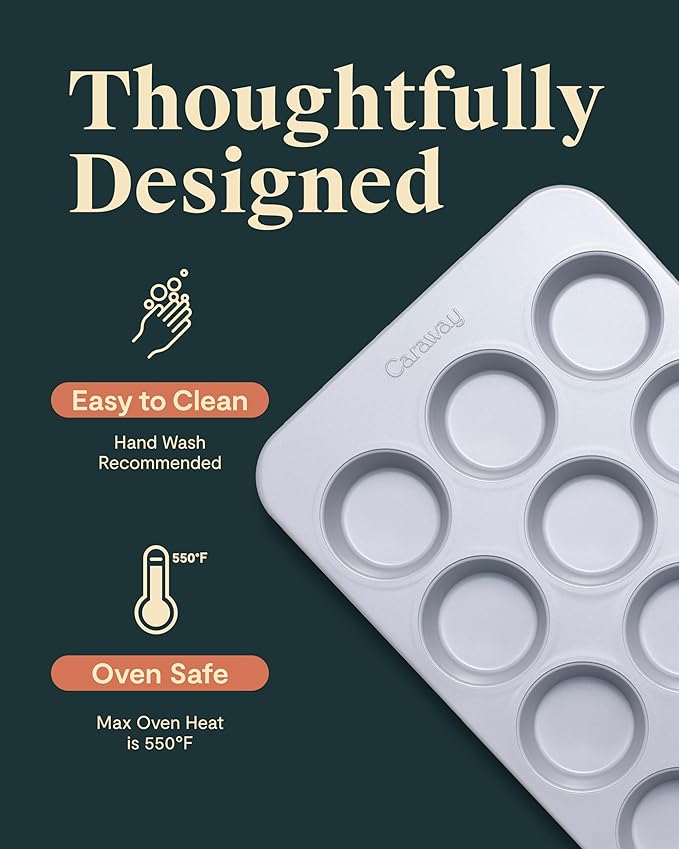 Caraway Non-Stick Ceramic 12-Cup Muffin Pan - Naturally Slick Ceramic Coating - Non-Toxic, PTFE & PFOA Free - Perfect for Cupcakes, Muffins, and More - White