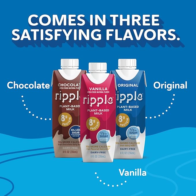 Ripple Non-Dairy Milk, Chocolate| Vegan Milk With 8g Pea Protein | Shelf Stable Single Serve Cartons | On-The-Go | Non-GMO, Plant Based, Gluten Free | 8 oz, 12 Pack