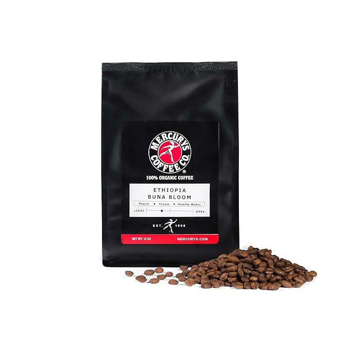 Mercurys Coffee Co. Ethiopia Buna Bloom – 100% Organic Single Origin Coffee, Bright & Floral, Light Roast, Premium Arabica Beans, Sustainably Sourced, Whole Bean 12 oz