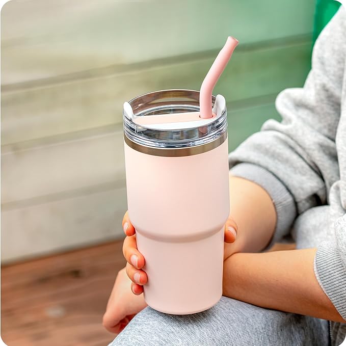 Snowfall 2 Pcs Replacement Metal Straws for Stanley 14, 20 OZ Tumbler, Stainless Steel Straws with Silicone Tip for 20 OZ Tumbler, Straw Brush (Sky Blue)