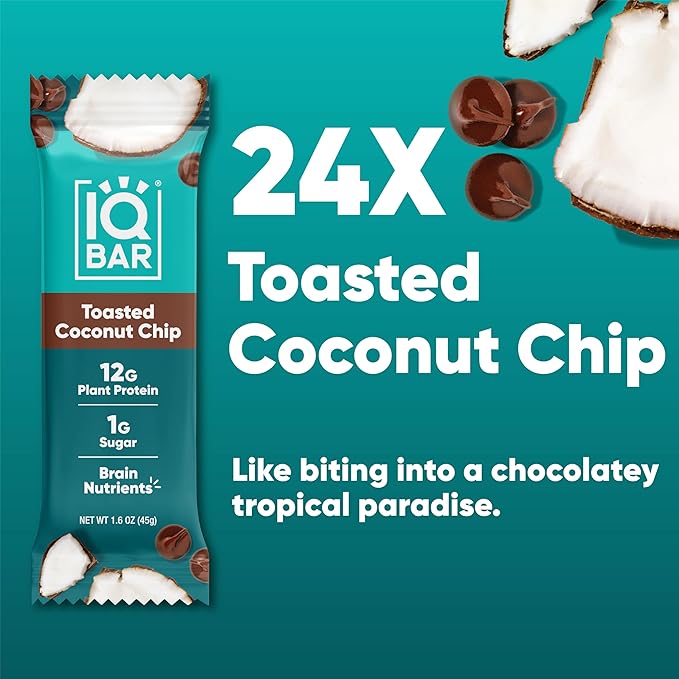 IQBAR Brain and Body Plant Protein Bars - Toasted Coconut Chip - 24-Count Low Carb - Gluten Free, High Fiber, Vegan Snacks - Low Sugar Meal Replacement