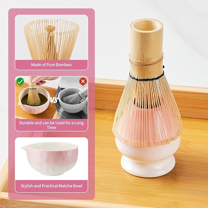 7 Pcs Matcha Whisk Set, Matcha Set Pink,Matcha Kit,Matcha Tea Set,Matcha Bowl Set with Pink Cat Scoop Holder, Tea Cloth, Sifter(Gradient Pink)