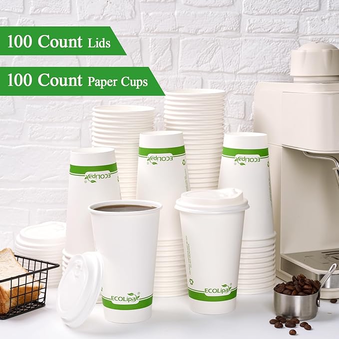 ECOLipak 100 Count 16 oz Compostable Paper Coffee Cups, Biodegradable Disposable Coffee Cups with CPLA Lid, Eco-friendly Hot Drinking Cups for Party, Picnic, Travel,and Events