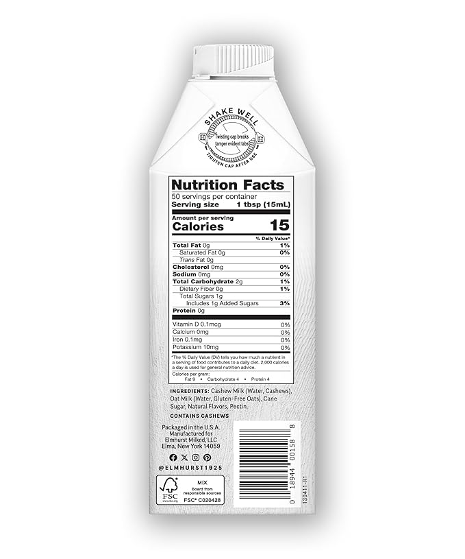 Elmhurst 1925 Sweet Cream Cashew Creamer - Dairy-Free, Vegan, Kosher, Low Sugar, Shelf Stable Creamer Made with Cashew & Oat Milk for Healthier Coffee, Latte and Smoothies - 25.4 Ounce (Pack of 6)