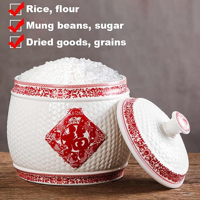 Chinese Sealed Large-Capacity Rice Pot, Ceramic Rice Bucket With Tassel Design, Grain Storage Ceramic Container, Rice Dispenser Airtight Storage Bucket For Grains Snacks Candy Coffee Beans Food(F,Capa