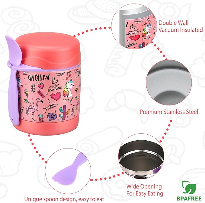 10oz Soup Thermo for Hot Food Kids,Lunch Thermo Kids Food Jar with Spoon Hot Insulated Food Containers,Leak Proof Stainless Steel Wide Mouth Lunch Food Thermo Jar for School(Pink-Flamingo)