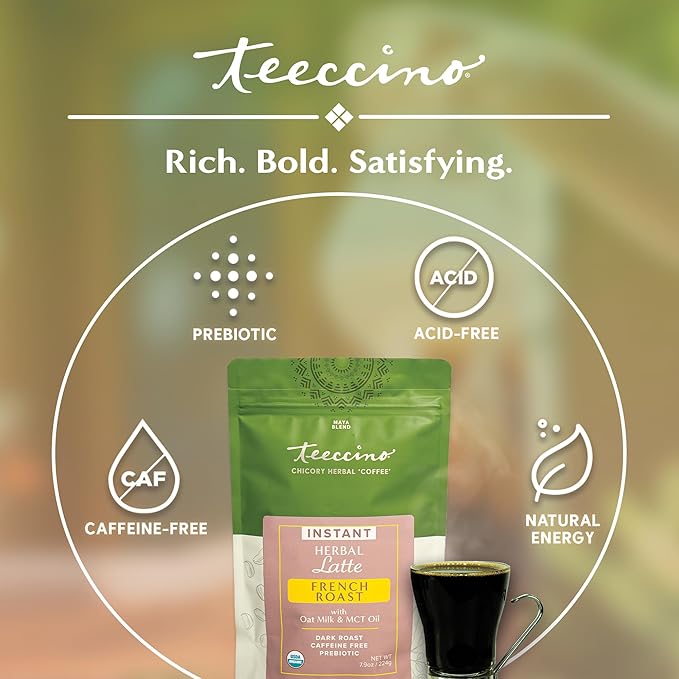 Teeccino Organic Instant French Roast Herbal Latte – 14 Servings – Creamy Oat & Coconut Latte Plus MCT Oil with a Bold, Coffee-Like Blend of Roasted Chicory & Ramón Seeds – Prebiotic, Caffeine-Free – 7.9 ounces