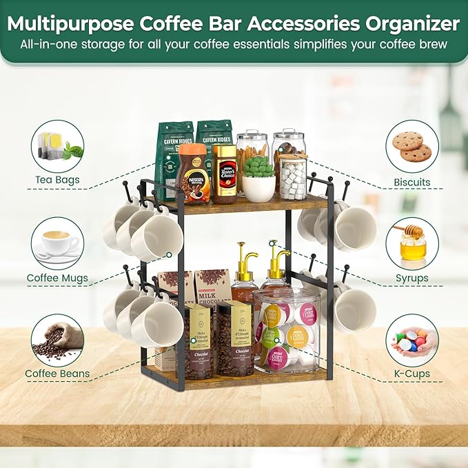 EsLuker.ly 2 Tier Coffee Mug Holder Station Bar Organize Countertop, Mug Cup Tree Rack for Kitchen Office, Storage Shelf with 12 Hooks, Creat Stylish Coffee Corner, Vintage Brown-Black