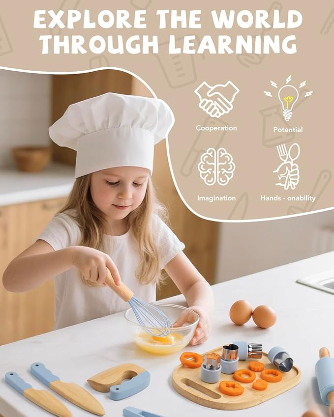 Wooden Kids Cooking Set Montessori Kit - Real Toddler Kitchen Tools & Baking Utensils - 15PCS Cooking Kit for Kids with Storage Bag, Great Gift for Pretend Play & Montessori Learning (Blue)