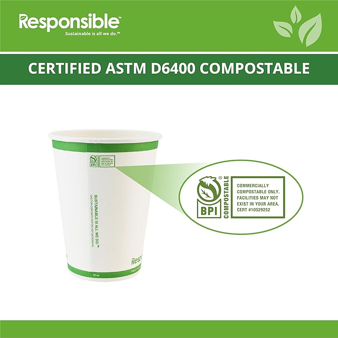 12 oz Paper Hot Cups, Tree-Less™ Compostable Paper Coffee Cups, Extra Strength, Tree-Free and Made Without PFAS, White (1000 Count)
