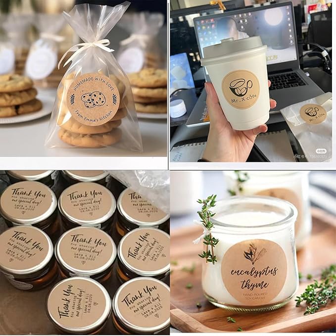 Custom Stickers Kraft Paper Labels Personalized Withe Text, Business Logo Customized Food Jars Labels Bakery Label Sticker Package Favor Canning Circle 100pcs (Style 15)