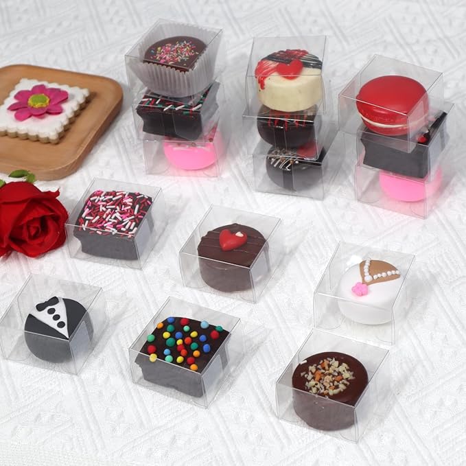 100 Pack Clear Chocolate Covered Ore Boxes Macaron Boxes Cookies Boxes Clear Favor Boxes Treat Boxes Pastry Boxes for Christmas Party Birthday Wedding(2.17"×2.17"×1.39")