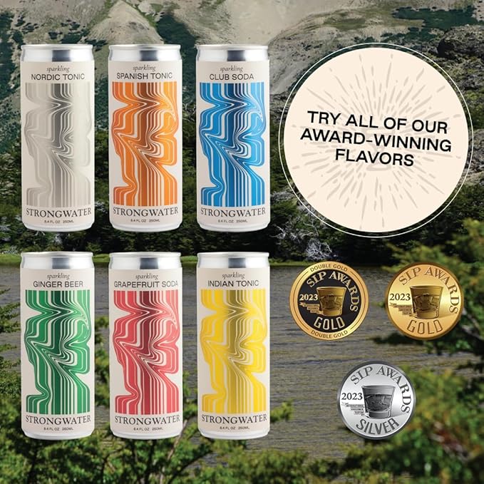 Strongwater Tonic Water Variety Pack (Pack of 12, 8.4 Fl Oz Each) - Includes Nordic Tonic, Indian & Spanish Tonic - Premium Craft Cocktail Mixers Sampler