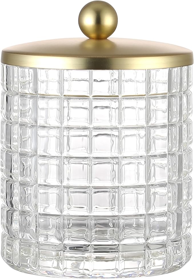 Glass Cotton Jar Holder Matte Gold Lid, Elegant Bathroom Storage Canister for Qtips, Cotton Balls, Floss, Makeup Organizer, Vanity Bathroom Organization
