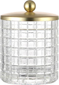 Glass Cotton Jar Holder Matte Gold Lid, Elegant Bathroom Storage Canister for Qtips, Cotton Balls, Floss, Makeup Organizer, Vanity Bathroom Organization