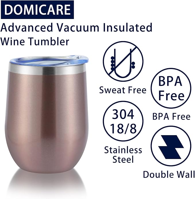DOMICARE Stainless Steel Wine Tumbler Bulk with Lid, Personalized Rose Gold Insulated Tumblers Set, 12oz Travel Coffee Cups Pack of 1