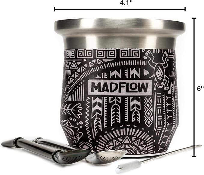 MADFLOW Yerba Mate Cup. Stainless Steel Mate Cup with 2 Bombillas. Double Wall Vacuum Insulated Yerba Mate Gourd. Unique Mate Cup And Bombilla Set