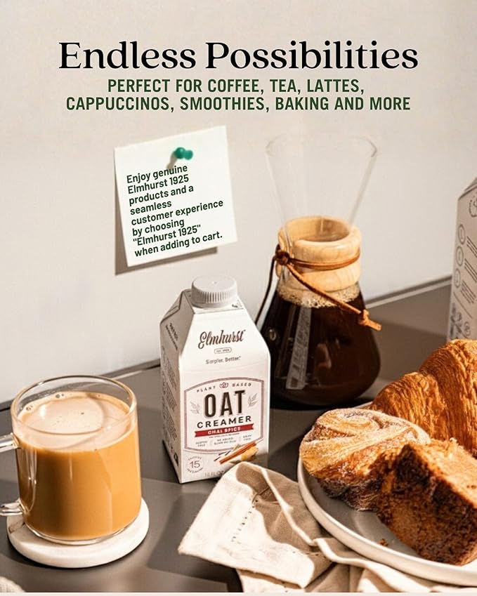 Elmhurst 1925 Chai Spice Oat Creamer - 16 Ounce (Pack of 6) Dairy-Free, Vegan, Kosher, Low Sugar, Shelf Stable Creamer Made with Oat Grains & Chai Spice for Healthier, Simpler Plant Based Alternatives