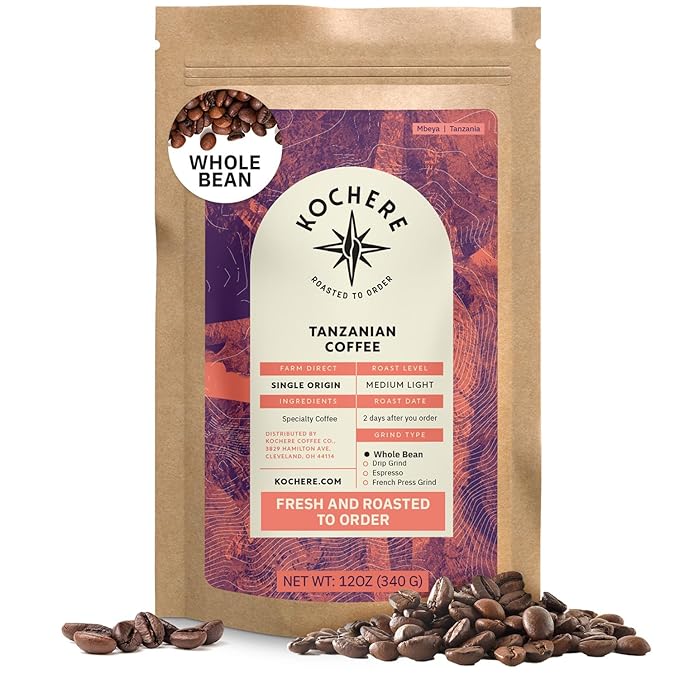 Tanzanian Peaberry Coffee Whole Bean - Single Origin Medium Light Roast, Roasted To Order Whole Bean Coffee Specialty Grade, Fair Trade and Non-GMO