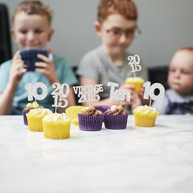 Gyufise 24Pcs 10th Birthday Cupcake Toppers Glitter Ten Vintage 2015 Hello 10 Years Birthday 10 Cupcake Picks Double Digits Cake Decorations for Happy 10th Birthday Anniversary Party Supplies Silver