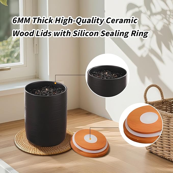 Food Storage Jar Strong Ceramic Storage Canisters with Airtight Wooden Lid,Kitchen Storage Containers for Serving Coffee Beans, Tea, Sugar, Salt, Spices (Medium black)