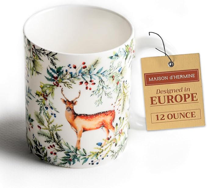 Maison d' Hermine Coffee Mug with Handles Fine Bone China Mugs Pack of One Tea Cups for Hot Beverages Cappuccino Latte Home Restaurant Office Perfect for Gift (Holly Time - Biche, 12 Ounce)