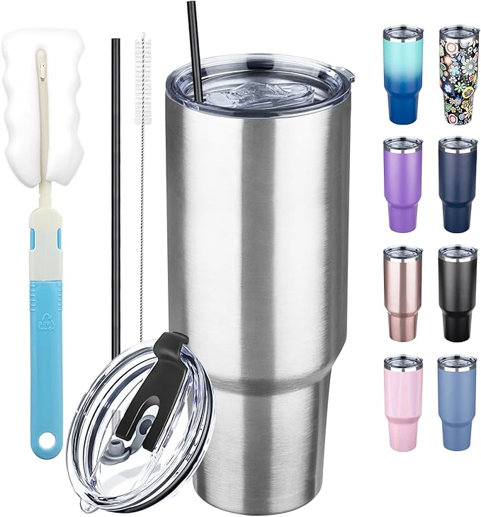 40 oz Tumbler with Lids and Straws, Stainless Steel Insulated Coffee Tumbler, Double Wall Vacuum Insulated Travel Mug Cup, Leakproof Thermal Coffee Cup for Hot and Cold Drinks (Silver)
