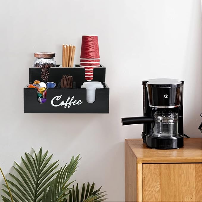 Disposable Coffee Cup Dispenser Lid Holder for Counter, Wood 6 Compartments Coffee Station Organizer for Cup Lid Sleeve Pods Condiment, Paper Cup Dispenser Coffee Bar Accessories Storage Organizer