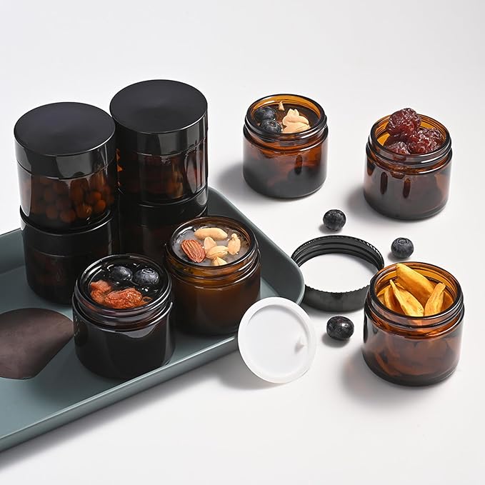 Bumobum 2 oz Glass Jars with Lids, 48 pack Round Small Containers with Black Lids, Blank Labels & Inner Liners, Empty Cosmetic Containers for Sample, Powder, Cream, Lotion Amber and Blue