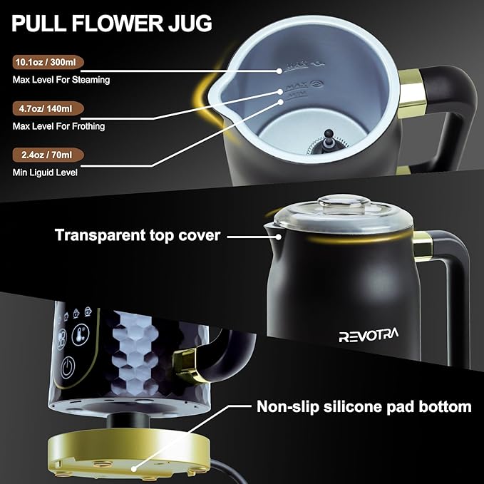 Milk Frother, 4-in-1 Electric Foam Maker with Touchscreen & Temp Display, Hot & Cold Milk Steamer with Non-Stick Coating, Silent Operation for Coffee, Latte, Cappuccino, Matcha, Hot Chocolate