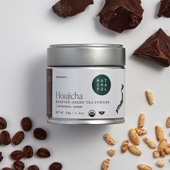 Matchaful Houjicha Powder - Organic Roasted Green Tea Powder - Smooth and Earthy with Flavor Notes of Coffee, Puffed Rice, Cacao - Enjoy Hot or Iced - 100g Bag