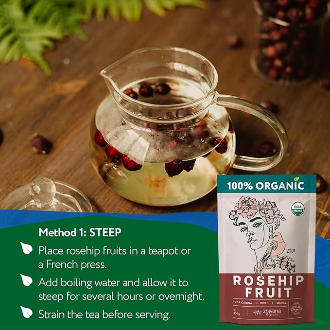 Rosehip Tea Organic (8oz.) – Dried Rose Hip Fruit Whole – Source of Vitamin C from Food