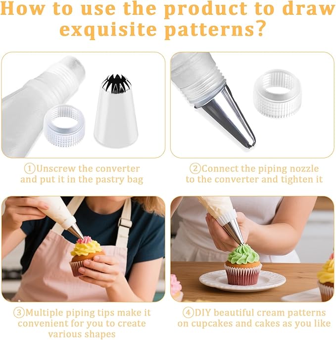 Stainless Steel Piping Tips Set with Reusable Piping Bags - Professional Icing Bags and Tips Set for Cake Decorating - Cupcakes, Cookies, Chocolate - Ultimate Cake Decorating Tips Kit (White)