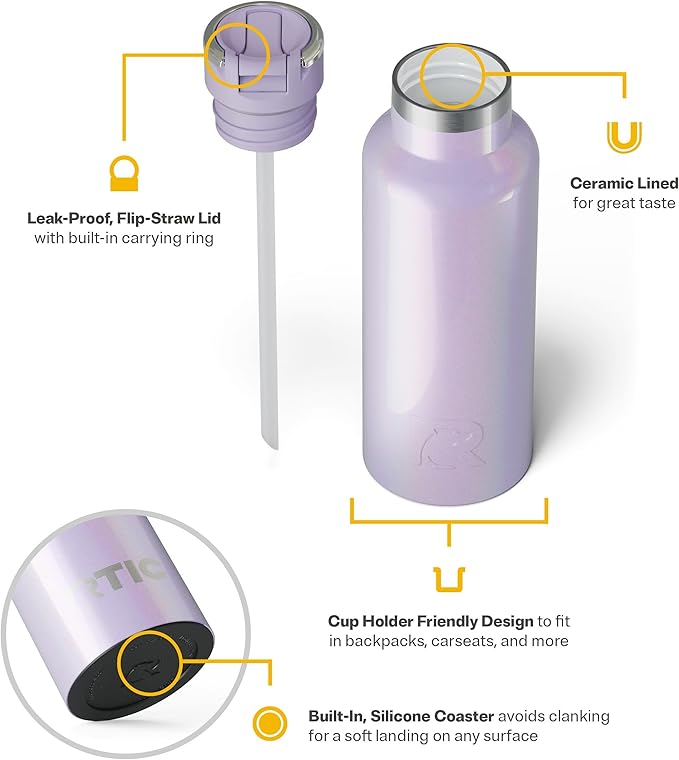 RTIC 16oz Journey Bottle Metal Stainless Steel Vacuum Insulated, BPA Free, Reusable, for Water, Hot and Cold Drinks, Travel, Sports, Camping, Lavender Glitter