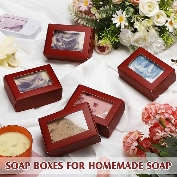 Zonon 30 Pcs Soap Boxes for Homemade Packaging, Mini Kraft Treat Boxes with Window for Bakery Candy Soap Making Gift Packaging(3.7 x 2.6 x 1.37 Inch,Burgundy)
