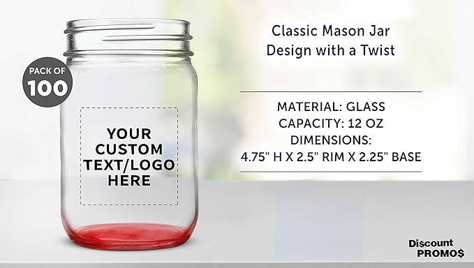 DISCOUNT PROMOS Custom Decorating Mason Jars 12 oz. Set of 100, Personalized Bulk Pack - Glass Jars for Overnight Oats, Candies, Fruits, Pickles, Spices, Beverages - Red
