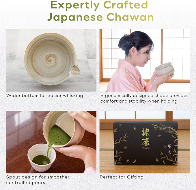 Japanese Matcha Set | Matcha Bowl with Spout | Whisk & Holder | Bamboo Scoop & Stainless Sifter | 5-Piece Traditional Matcha Kit | Designed in Japan |「Rustic Beige」