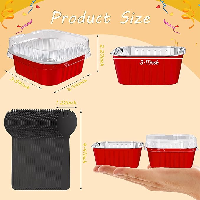 25 Pack Square Mini Cake Pans with Lids,Mini Loaf Pans with Lids,Aluminum Foil Baking Cups,Disposable Ramekins Cupcake Cups,Dessert Cups for Wedding Birthday Party Picnics,5oz (Red)